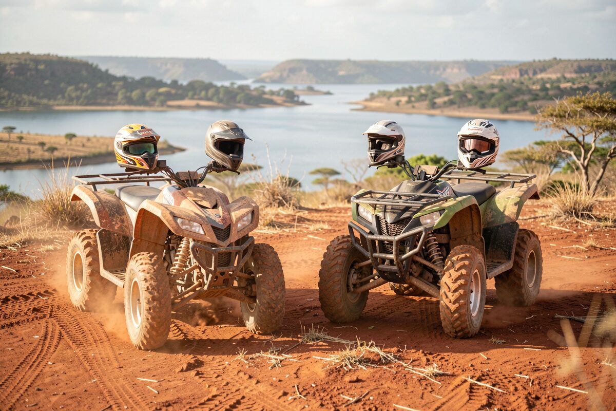 Des quads en file sur une piste de latérite rouge, savane sèche et filaos en arrière-plan, poussière soulevée au soleil.