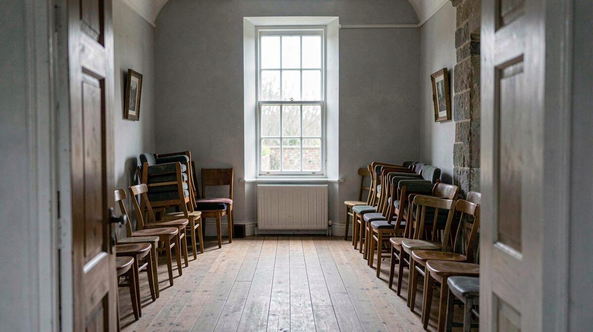 Intérieur d'une salle paroissiale écossaise, chaises alignées contre les murs, lumière grise du matin entrant par une fenêtre haute, cadrage large depuis l'entrée.