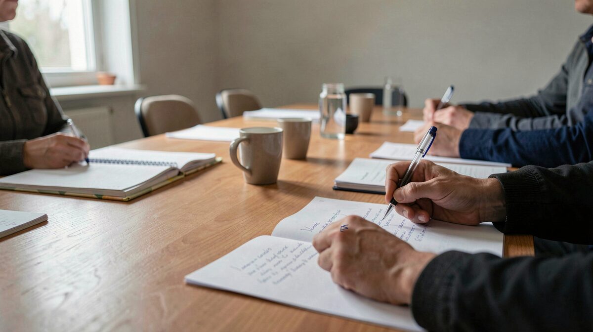 Une table de réunion communautaire dans une salle simple, cahiers et tasses alignés, lumière douce du matin entrant par une fenêtre, cadrage rapproché sur les mains et les notes.